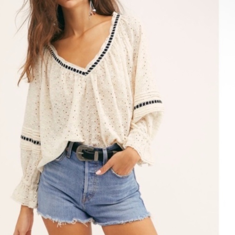 Free People Cream Eyelet Blouse with Black Trim